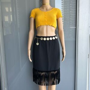 Vintage Fringe Black Midi Skirt